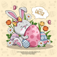 Happy Easter With Bunny Rabbit Holding Eggs On Yellow Background. Cute Cartoon Illustration