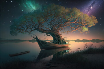 Yggdrasil tree of life under northern lights sky or aurora borealis. Source of life and energy for the universe. Mystical and legendary tree of life. Nordic or norse mythology.. Generative art.