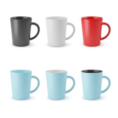 Illustration of Six Realistic Empty Ceramic Coffee Cup or Tea Mug. Mockup with Shadow Effect, and Copy Space for Design. For Web Design, and Printing on a White Backdrop