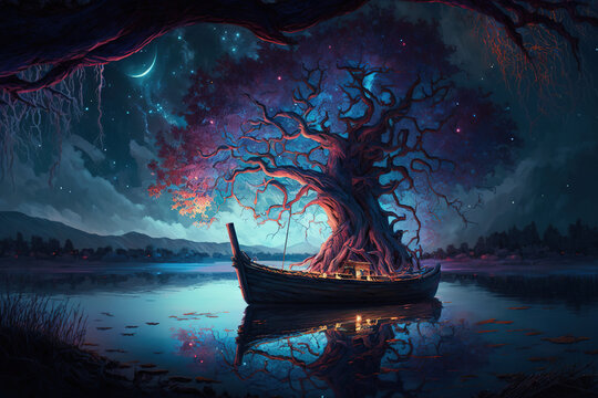 Sacred tree of life yggdrasil in the middle of a beautiful lake under a beautifully lit sky. Boat in the middle of a lake. Fantasy art. Generative art.