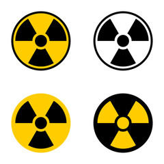 Nuclear Hazard Ionizing Radiation Danger Trefoil Warning Symbol Sign Black White and Yellow Icon Set. Vector Image.