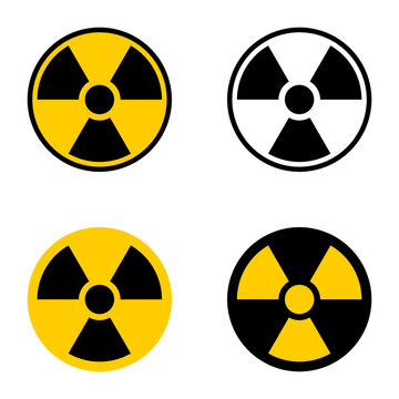 Nuclear Hazard Ionizing Radiation Danger Trefoil Warning Symbol Sign Black White and Yellow Icon Set. Vector Image.