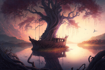 Large sentient Yggdrasil tree with a boat at sunset in the foreground in the meddle of the lake.  Nordic mythology. Generative art.