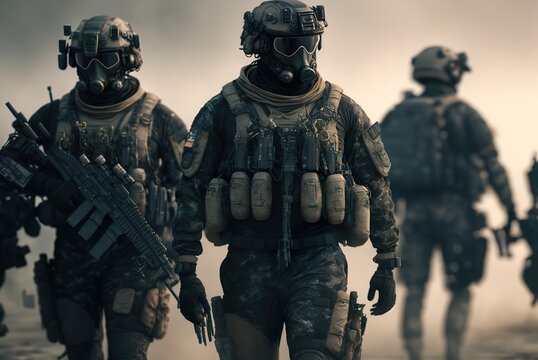 KI generierte Soldaten bei &Uuml;bung in kleiner Gruppenformation. Keine echten Menschen und Waffen - Milit&auml;r Gaming Vorlage