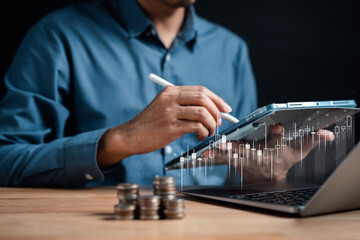 Businessman saving money in piggybank goal achievement chart graph and arrows. Funds and stock Investment profits. assets, wealth, lucrative. Purchase insurance and investing for retirement.