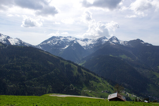 green grass alpine valley Mont Blanc  mountain massif landscape