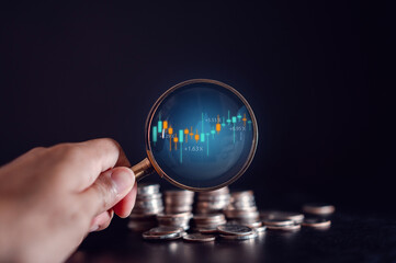 Business finance and investment exponential concept, Capital gain world money economic growth. coin stack financial graph chart, market report on cash currency concept.