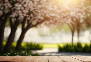 Mockup Holzbrett Oberfläche im Garten mit Blick auf die Kirschblüte im Frühling. Grüne Bäume mit unscharfem Hintergrund.  Lebensmittel, Gewürze oder Haushalt. Freier Platz.