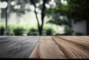 Mockup wooden board surface in the garden with view into the green and blurred background. Empty wooden board to present products with the theme kitchen, food, spices, or household. Free space. - obrazy, fototapety, plakaty