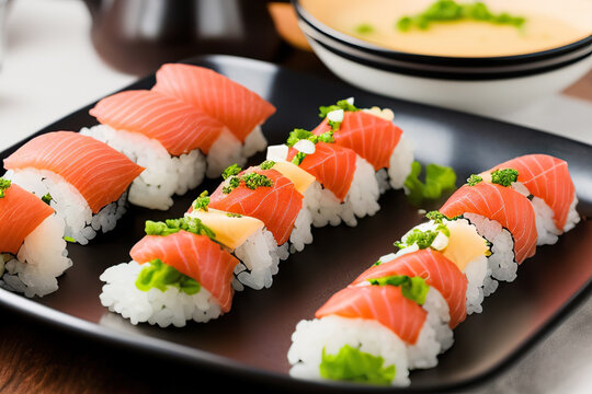 image of raw salmon on sushi roll with broccoli
