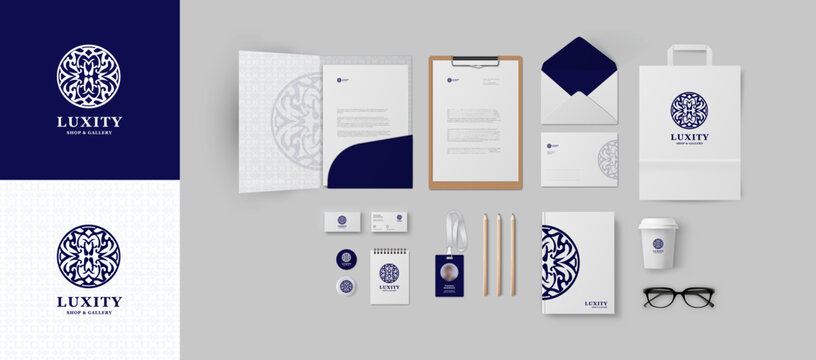 Corporate identity premium branding design. Stationery mockup vector template for business and respectable company. Based on vintage luxury blue logo folder and A4 letter, visiting card and envelope.
