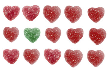 Obraz na płótnie Canvas Heart shaped candies isolated: red jelly hearts in rows with one green sticking out special | transparent 