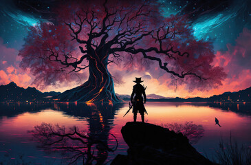 samurai warrior standing infront of Mystical yggrasil tree in the middle of the lake. Nordic mythology. Generative art