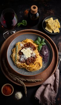 Italian Pasta Food With Accompaniments. AI generative. 