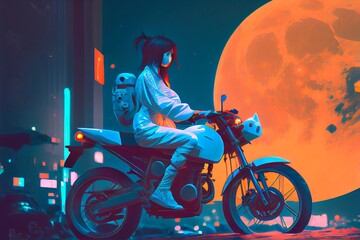 Fototapeta na wymiar Portrait of a girl on a motorcycle from a sci-fi cyberpunk. A high-tech woman from the future. Generative AI Art.