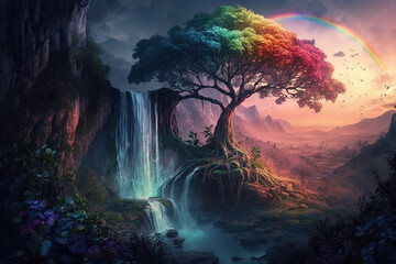 Yggdrasil tree in the middle of a beautiful garden of eden with waterfall and rainbow. Mystical and ancient Nordic mythology. Generative art - obrazy, fototapety, plakaty