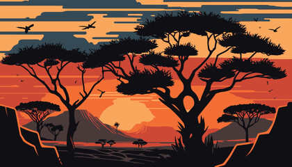 Illustration African sunset vector landscape with flat colors - obrazy, fototapety, plakaty