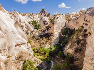 Beautiful stunning view of the mountains of Cappadocia and cave houses. Turkey