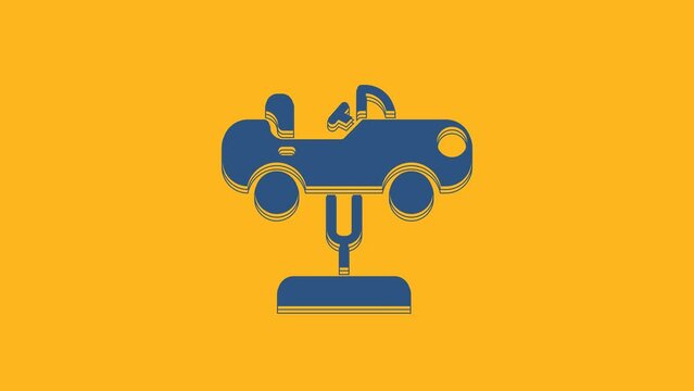 Blue Swing car on the playground icon isolated on orange background. Childrens carousel with car. Amusement icon. 4K Video motion graphic animation