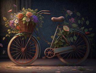 Fototapeta na wymiar Vintage bicycle with a charming bouquet of flowers in the basket, retro outdoor lifestyle, generative AI