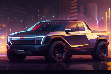 Obraz na płótnie Canvas New electric and futuristic luxury pickup truck. Bright neon headlights. Generative AI.