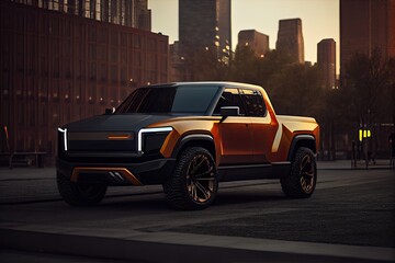 New electric and futuristic luxury pickup truck. Bright neon headlights. Generative AI.