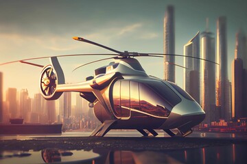New electric and futuristic luxury helicopter. Bright neon headlights. Generative AI.