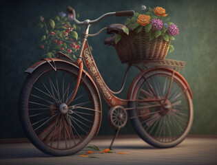 Fototapeta na wymiar Vintage bicycle with a charming basket of colorful flowers, nostalgic and rustic design, generative AI