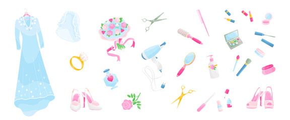 set elements about preparation for the wedding ceremony - the bride's dress, shoes, cosmetics, veil
