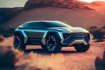 New electric and futuristic luxury SUV. Bright neon headlights. Generative AI.