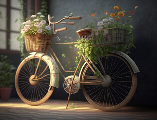 Fototapeta na wymiar Vintage bicycle with floral basket, retro bike ride with flowers, generative AI
