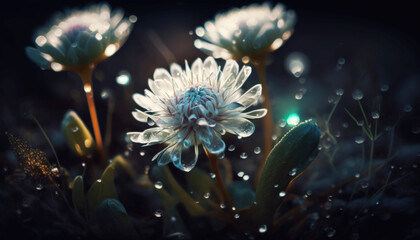 Beautiful White Zinnias  Flower Glowing in the dark with sparkles in the air, magical atmosphere in a grass patch at the edge of a forest at night, abstract concept . Generative AI