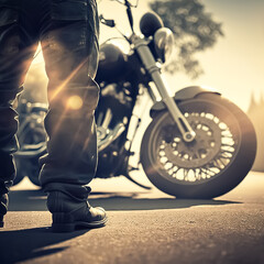 Fototapeta na wymiar Biker standing near the motorcycle american on an empty road at sunny day. Close view on legs. Created with Generative AI technology.