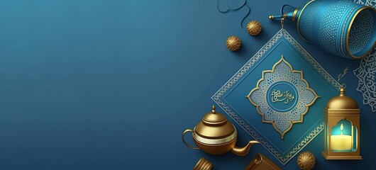 3d Islamic holiday banner. Top view illustration of Ramadan decoration on blue pattern table, including lantern, coffee pot and the holy Quran. copy space for text  by ai generative