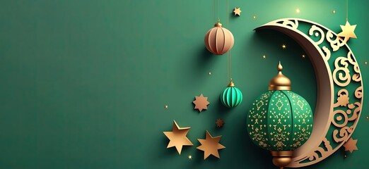 Fototapeta premium green islamic day banner copy space for text. islamic hanging lantern in Eid Al-Fitr, Eid al-Adha, ramadhan vibes with ornament, hanging arabic lantern simple .by ai generative