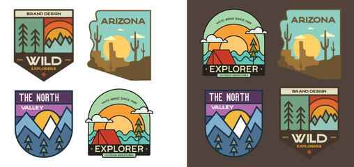 Set of retro camping badges featuring various wilderness-themed designs including mountains, forests, Arizona desert and outdoor activities. Stock vector travel labels