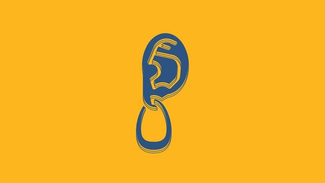Blue Ear with earring icon isolated on orange background. Piercing. Auricle. Organ of hearing. 4K Video motion graphic animation