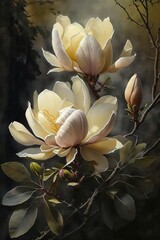 [Magnolia], [Beautiful flowers with a delicate, feminine appearance], [A tranquil garden with a mix of lush greenery and blooming flowers]