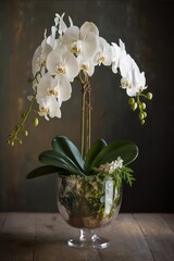 Naklejka na ściany i meble Phalaenopsis orchid, A Delicate Beauty, An exquisite white Phalaenopsis orchid with multiple blooms stands tall in a glass vase. 