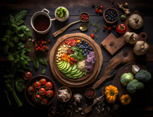Obraz na płótnie Canvas Colorful flat lay of fresh and healthy food on rustic wooden table, top view, healthy lifestyle and clean eating concept, generative AI