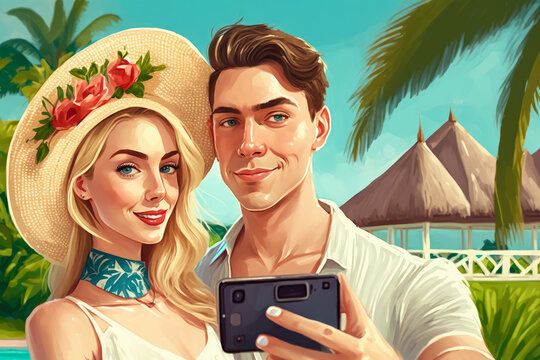 Young couple taking a selfie in front of the tropical resort, generative ai