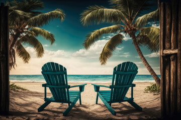 tropical beach with two chairs and a coconut palm tree, generative ai
