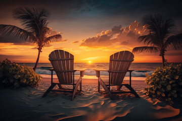 tropical beach with two chairs and a breathtaking sunset, generative ai