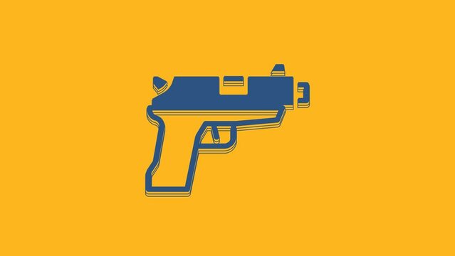 Blue Pistol or gun icon isolated on orange background. Police or military handgun. Small firearm. 4K Video motion graphic animation