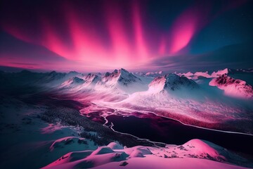 Pink Northern Lights over snowy mountains. Beautiful winter landscape with a valley and a lake. Night magical background. Generative AI