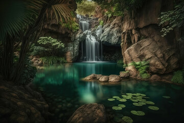 stunning view of a mesmerizing waterfall cascading down the rocks into a serene pond surrounded by lush greenery, generative ai