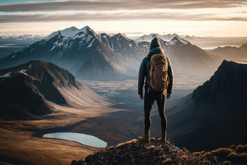 solo traveler standing on top of a mountain and overlooking a scenic view, generative ai