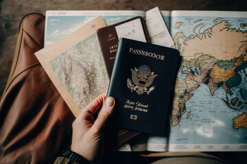 person holding a passport and a map, ready to travel the world, generative ai
