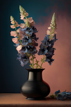 Delphinium in peach, black and blues