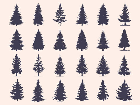 Vintage trees and forest silhouettes set in monochrome style isolated vector illustration, evergreen coniferous forest trees collection.